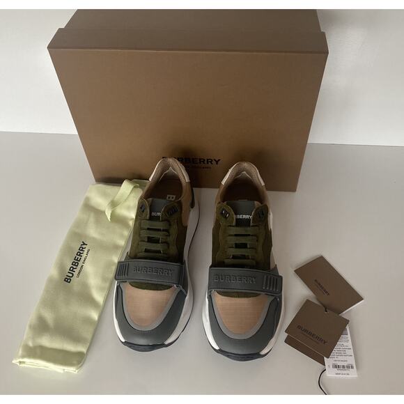 NIB Burberry Men's Ramsey Check Beige & Green Sneakers 8 US (41 Euro) 8045292 IT - Picture 1 of 12